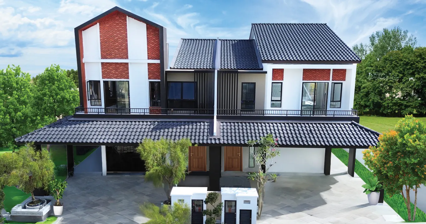 Bungalow Dees completed two-storey semi-detached homes at Ipoh South, black tiled roofs and brick facades under a clear sky